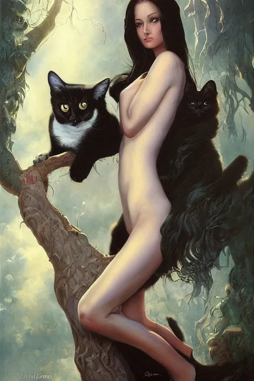 Prompt: A beautiful girl and her cat by Gerald Brom, Mark Arian, Artgerm