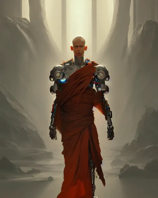 Image similar to a cyborg warrior monk wearing a flowing cloak, cyborg hardware, 3 d render, octane, zbrush, painting, artstation, concept art, smooth, sharp focus, illustration, art by artgerm and greg rutkowski and alphonse mucha