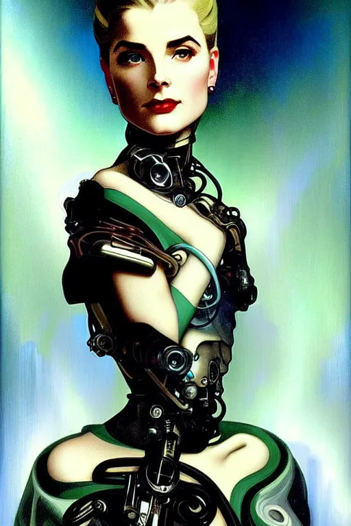 Image similar to young and beautiful evil cyborg grace kelly by future steichen in the style of tom bagshaw, alphonse mucha, gaston bussiere, cyberpunk. anatomically correct elegant cybernetic body mods. extremely lush detail. masterpiece. melancholic scene infected by night. perfect composition and lighting. sharp focus. high contrast lush surrealistic photorealism. sultry evil plan.