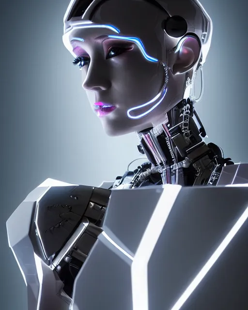 Image similar to portrait photo of female dancer as a cyberpunk mecha humanoid robotic head shoulder parts with straight linear led lights, inside white room, ultra - realistic and detailed, 8 k