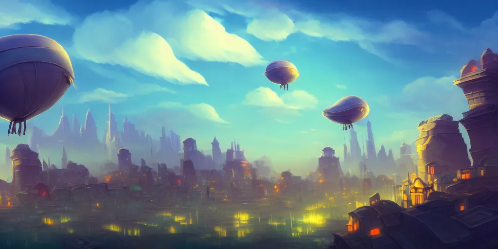 Prompt: the city in the of piltover, in the style from netflix's arcane, blimps in the sky, blue skies, soft clouds, trending on artstation