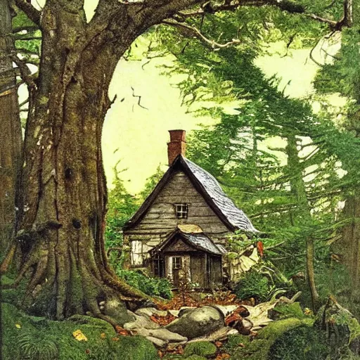 Image similar to witch cottage in the forest, lush forest art by norman rockwell, wide angle