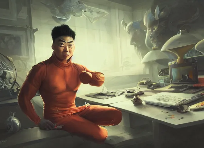 Image similar to an insanely detailed painting of an asian man wearing a homemade superhero costume, sitting at a desk, staring seriously at the computer and typing, in the style of peter mohrbacher, james jean, artgerm, dramatic lighting and composition, surreal background, octane render, pixar, trending on artstation, concept art, comic book, view from behind, 8 k