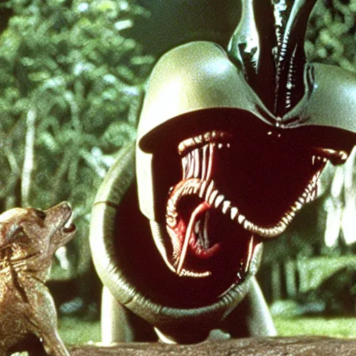 Image similar to a xenomorph from the movie alien eating a small dog in a suburban backyard. Production photograph from 90s film.