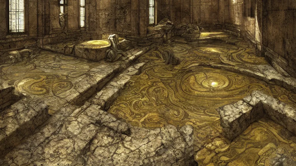 Prompt: golden snakes, marblefloor, roman bath, moss, ruin, godrays, cgsociety,