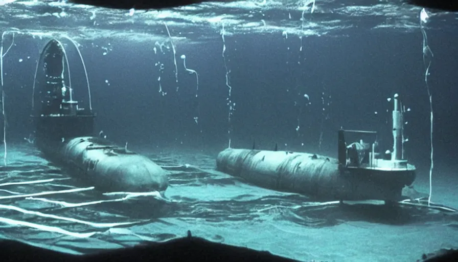 Image similar to Big budget horror movie, a submarine approaches an underwater biolab, deep in the ocean, dark and gloomy