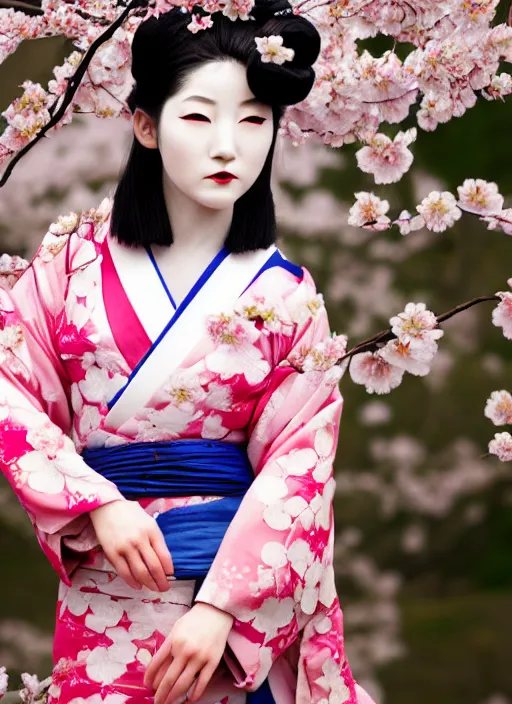 Image similar to Beautiful Japanese geisha close up portrait shot, 1920s geisha, Japanese, young woman, half body photo, upper body, traditional geisha clothing, geisha makeup, geisha hairstyle, hyper realistic, 8k detail, trending, professional photography, cherry blossom background