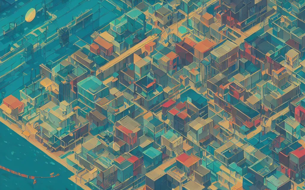 Image similar to a japanese city near the sea, lofi, dreamy, moody, very colorful, anime inspiration, ghibli vibe, very pixelart, hd, geometry, glitches, cybernetic, motherboard, technical, abstract