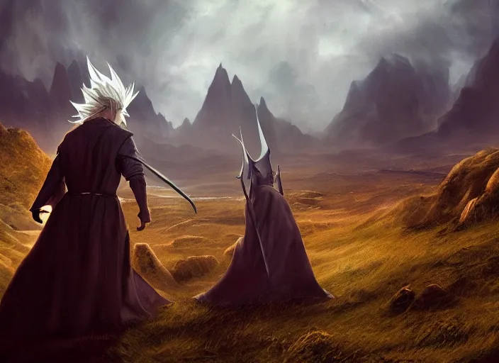 Image similar to gandalf going super saiyan, beautiful landscape, dramatic lighting, cinematic, establishing shot, night time, heavy rain, extremly high detail, photorealistic, cinematic lighting, epic fight scene, post processed, concept art, artstation, matte painting, style by greg rutkowsky