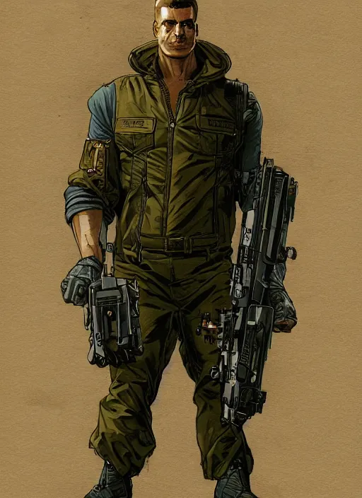 Image similar to menacing cyberpunk weight lifter in military vest and jumpsuit. dystopian. portrait by stonehouse and mœbius and will eisner and gil elvgren and pixar. realistic proportions. cyberpunk 2 0 7 7, apex, blade runner 2 0 4 9 concept art. cel shading. attractive face. thick lines.