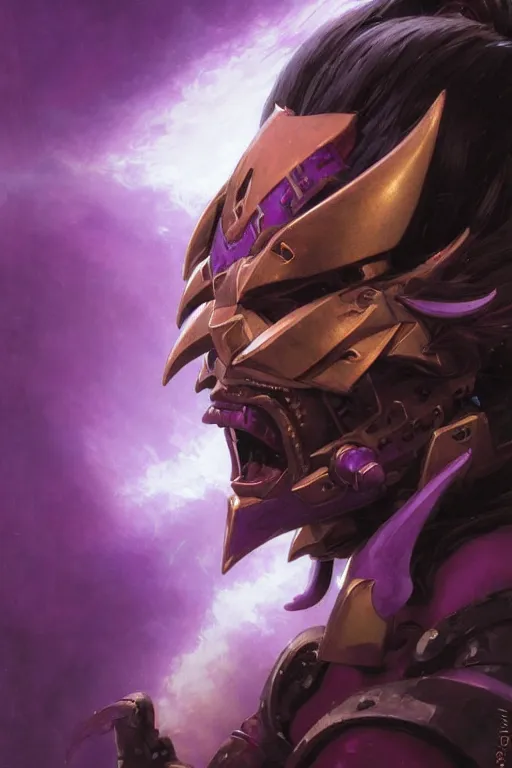 Image similar to extreme close up, facial portrait, woman with a long black ponytail in purple sci - fi armor, wearing a kitsune mask, shoulder pad is a glowing oni mask, striking pose, portrait dnd, painting by gaston bussiere, craig mullins, greg rutkowski, yoji shinkawa