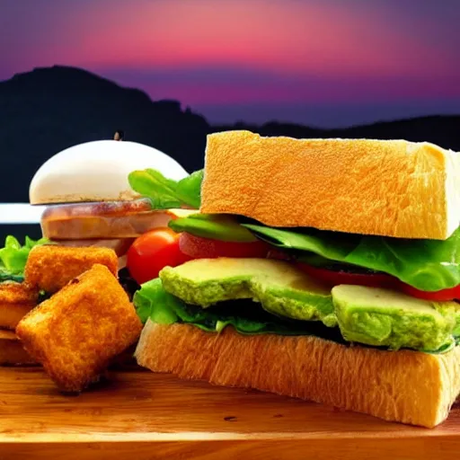 Image similar to sandwich with fried tofu, also one tomato slice, two onion rings, avocado and cheddar, over a dish, with a sunset background and saturn and stars in the sky, amazing light