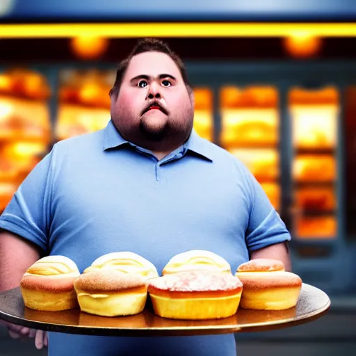 Image similar to Close up portrait of a chubby man with a bakery the background. Photorealistic. Award winning. Dramatic lighting. Intricate details. UHD 8K. He looks guilty.