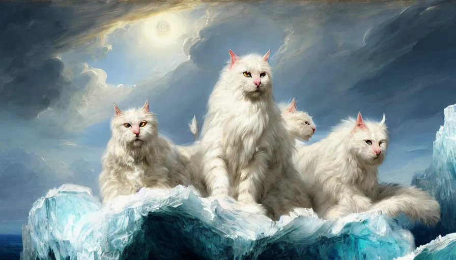 Prompt: highly detailed painting of white giant griffon cat bears with large feathered wings on a blue and white iceberg by william turner, by greg rutkowski, by william constable, thick brush strokes and visible paint layers, 4 k resolution