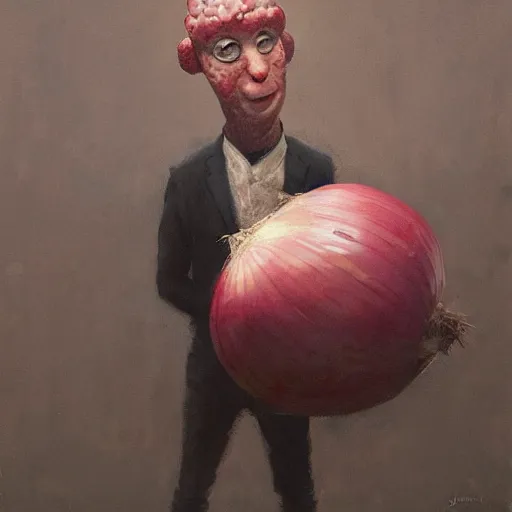 Image similar to onion man by Jakub Rozalski, oil painting on canvas, smug onion head