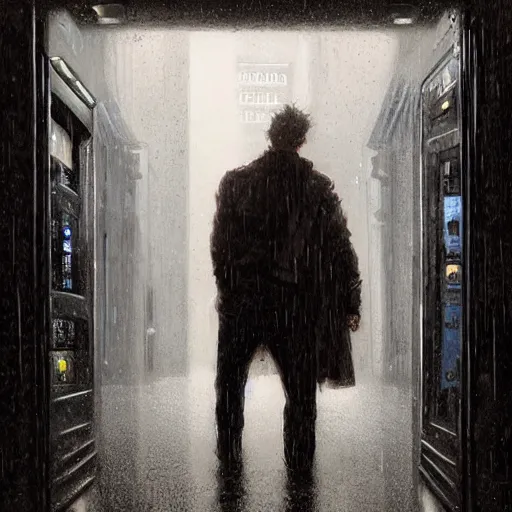 Prompt: a drenched man in a dark rainy alleyway standing at a vending machine that opened a portal into another dimension, vivid caustics, realistic photography, beautiful interior, hyperrealism, incredible, award - winning photography, by greg rutkowski, lovecraftian