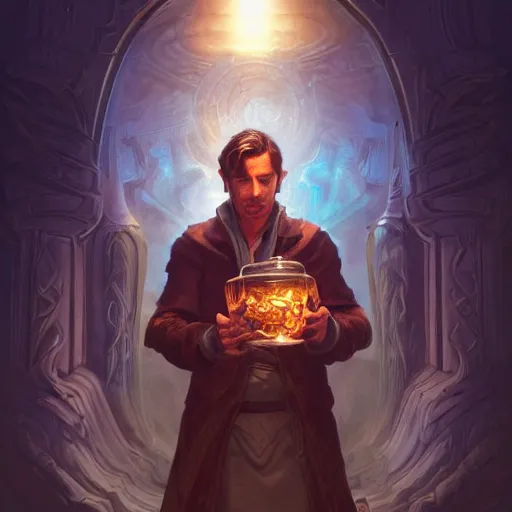 Image similar to man holding he's soul in a jar portrait, backlight, rim lighting, deep focus, d & d, fantasy, intricate, elegant, highly detailed, digital painting, artstation, concept art, matte, centered, sharp focus, illustration, hearthstone, art by artgerm, greg rutkowski and alphonse mucha