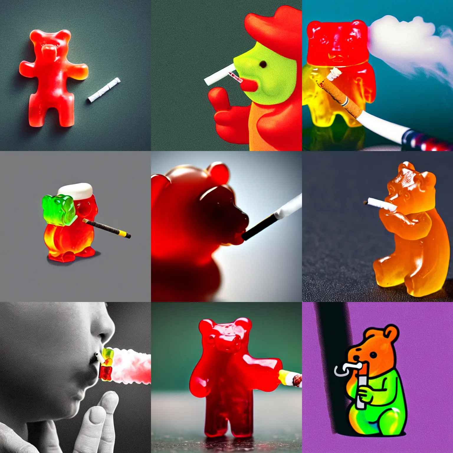 Prompt: a gummy bear smoking a cigarette,