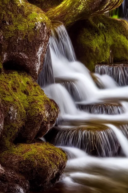 Image similar to Photo of a mushroom waterfall, 8k, cinematic, elegant, sharp focus, symmetry, highly detailed, beautiful light