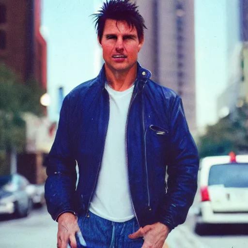 Prompt: photo of tom cruise with blue spiky hair, cinestill, 8 0 0 t, 3 5 mm, full - hd