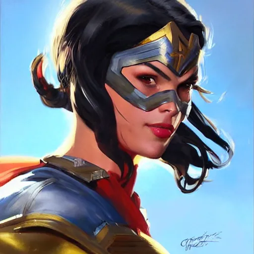 Image similar to greg manchess portrait painting of wonderwoman as overwatch character, medium shot, asymmetrical, profile picture, organic painting, sunny day, matte painting, bold shapes, hard edges, street art, trending on artstation, by huang guangjian and gil elvgren and sachin teng