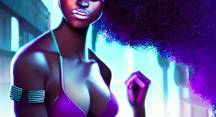 Image similar to cyberpunk black woman with afro hair, rio de janeiro!! on the background, blue and purple digital art trending on artstation, atmospheric lighting, artgerm