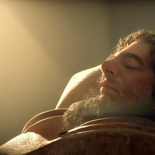Image similar to close - up of a priest sleeping in a large clay pot, foggy, sun rays, cinematic shot, photo still from movie by ari aster