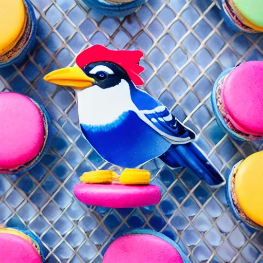 Image similar to A photograph of a (photorealistic blue jay) standing on a large basket of rainbow macarons.