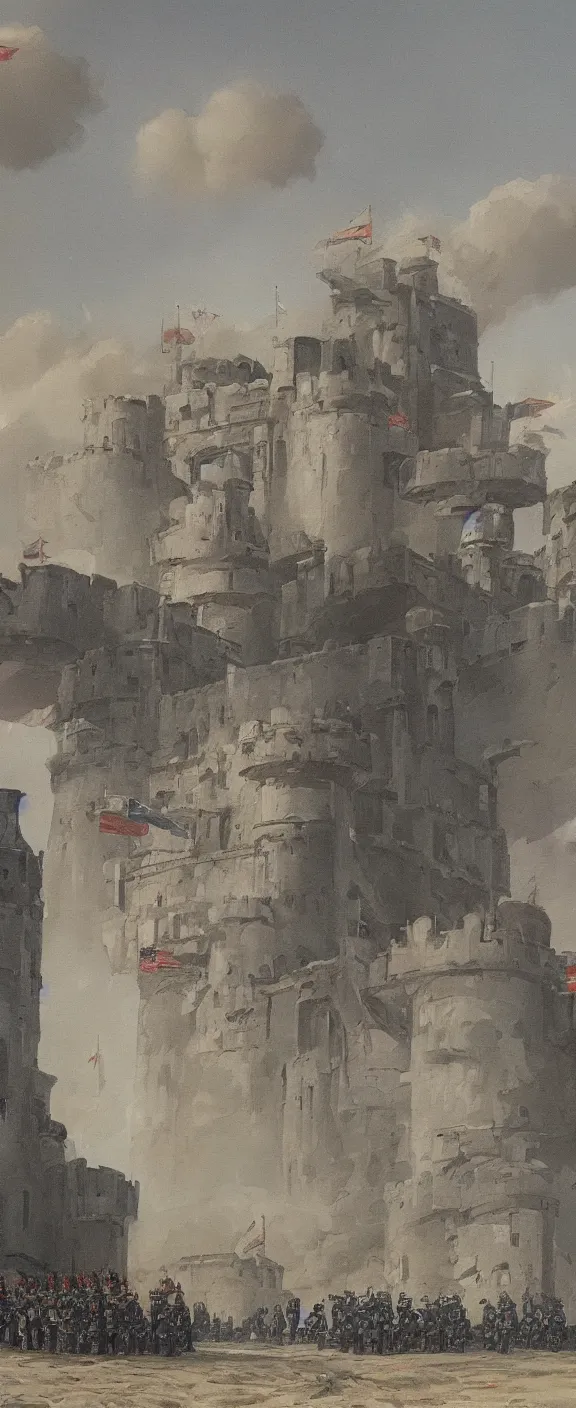 Image similar to painting of a futuristic imperial castle guarded by many soldiers