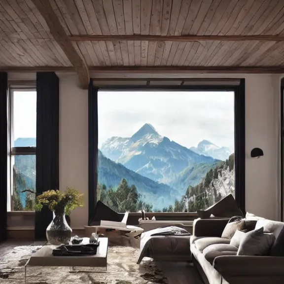 Image similar to fantastical living room with switzerland landscape in the window