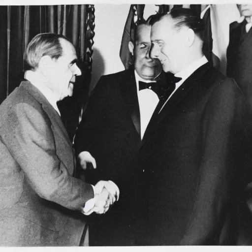 Image similar to Reptilian creature shaking hands with Nixon, photo pic set in 1920s