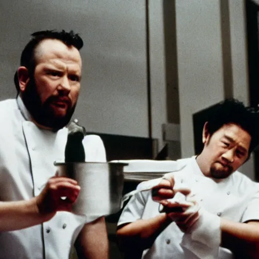 Image similar to wide scenic shot from the scene from the David Lynch production of Godzilla where the conjoined chefs cook. The chefs are conjoined at the head and neck, they share one head. Cinematic, VHS copy, film grain, 35mm film.