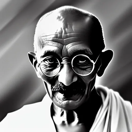 Prompt: Photo of Mahatma Ghandi, close-up, high detail, studio, ominous background, smoke, 85mm Sigma Art Lens