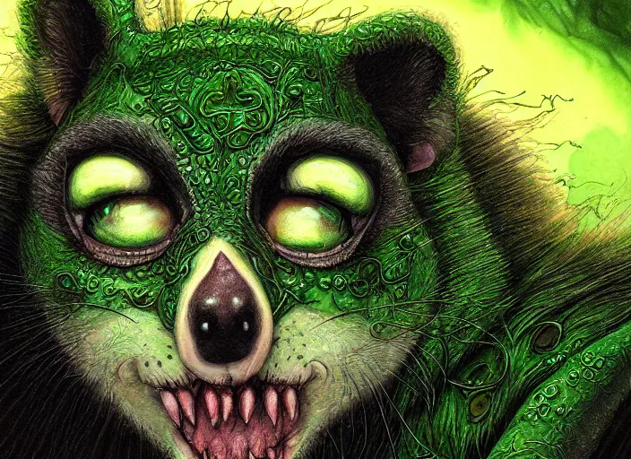 Prompt: face portrait of a anthro green zombie opossum fursona with long dark hair. Ruined stormy city. Glorious sun beams, intricate, elegant, highly detailed, digital painting, short focus, illustration, Allan Lee, John Howe