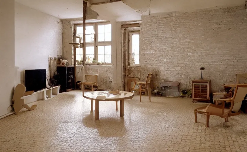 Prompt: living room interior, old beige walls, brown tiled floor, one wall with bricks, white plastic garden chairs, ashtray, stained beige deep pile rug, 1990s oak wood furniture