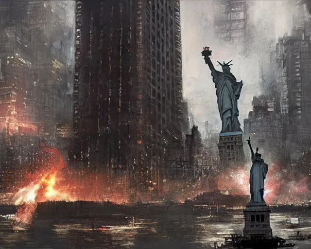 Image similar to Donald Trump destroying our democracy and the Statue of Liberty in Manhattan, post apocalyptic New York, craig mullins, dramatic lighting, very detailed