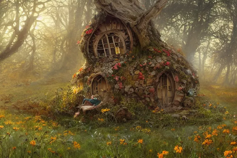 Prompt: wide angle view, a beautiful digital painting of a fairy house in plains, bright sunny day, woodline, magical, by greg rutkowski, brian froud, marc simonetti, jean - baptiste monge, mucha, symmetry, complementary colors, ink illustration, trending on artstation
