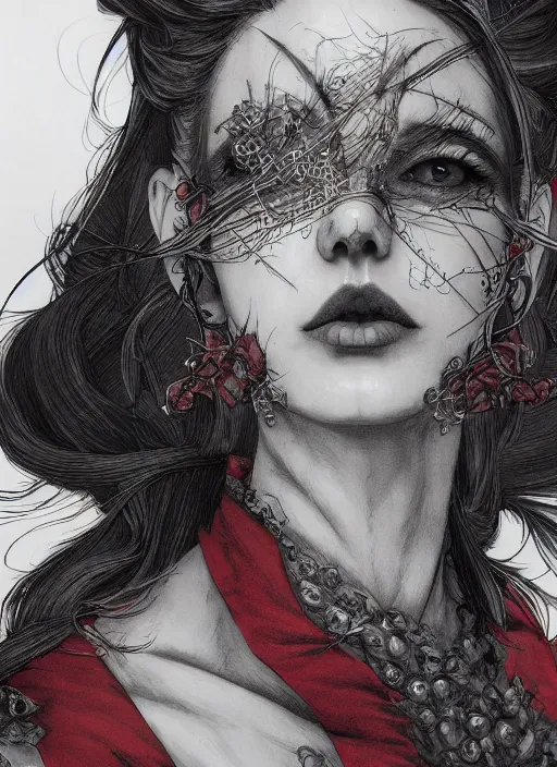 Image similar to close up portrait of a vampire in an elegant dress, red and grey colors, powerful, domineering, stoic, masterful, intense, ultrafine hyperdetailed illustration by kim jung gi, irakli nadar, intricate linework, sharp focus, octopath traveler, yoji shinkawa, highly rendered, detailed, concept art