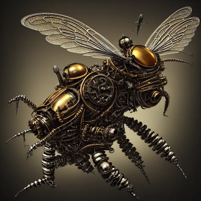 Image similar to steampunk cybernetic biomechanical bee with wings, 3 d model, very coherent symmetrical artwork, unreal engine realistic render, 8 k, micro detail, intricate, elegant, highly detailed, centered, digital painting, artstation, smooth, sharp focus, illustration, artgerm, tomasz alen kopera, wlop