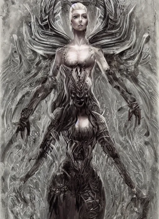 Image similar to a detailed full body portrait of frozen in stone black haired demon girl knelling in a highly detailed architecture, the queen of blades, diablo 4 queen, a beautiful face, by dorian cleavenger, greg rutkowski, wlop, astri lohne, zdzisław beksinski, bastien lecouffe - deharme trending on artstation