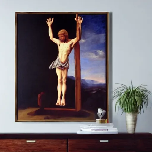 Image similar to donald trump crucified in the style of christ crucified diego velazquez, a painting of donald trump being crucified