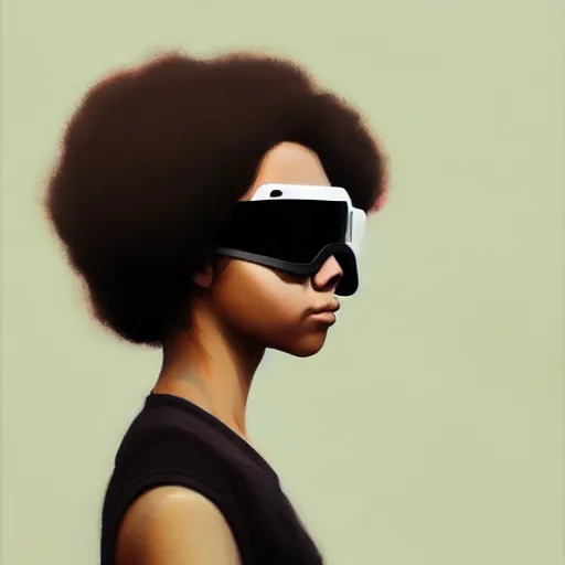 Image similar to Beautiful woman wearing opaque goggles profile picture by Greg Rutkowski, brown skin, long afro hair, asymmetrical, studio ghibli, Organic Painting , Matte Painting, geometric shapes, hard edges, street art, trending on the artstation, fantasy LUT, realistic by Sachin Teng,