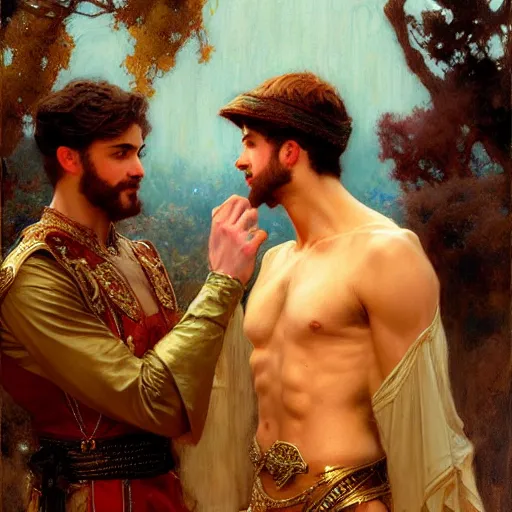 Prompt: attractive fully clothed king confesses his love for his attractive fully clothed male prince. highly detailed painting by gaston bussiere, craig mullins, j. c. leyendecker