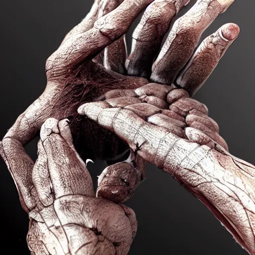 Image similar to spiders melting into hand, photo realistic, trending on artstation