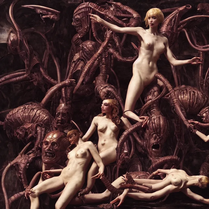 Image similar to still frame from Prometheus movie, Slaanesh succubus godess editorial by wayne barlowe by caravaggio by giger by malczewski, avantgarde 4k wallpaper