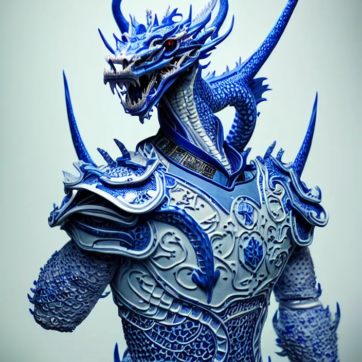 Image similar to man wearing porcelain cyborg armor, Chinese Kangxi Blue and white dragon pattern porcelain, diffuse lighting, fantasy, intricate, elegant, highly detailed, lifelike, photorealistic, digital painting, artstation, illustration, concept art, smooth, sharp focus, art by John Collier and Albert Aublet and Krenz Cushart and Artem Demura and Alphonse Mucha