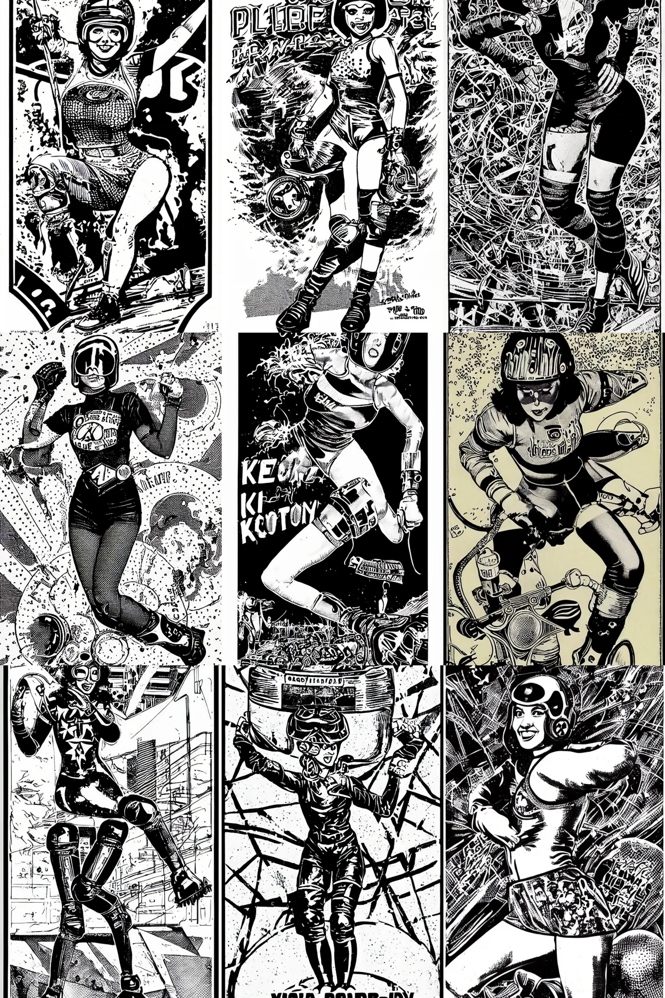 Prompt: roller derby girl portrait, logo, wearing helmet, wearing knee and elbow pads, showing victory, Philippe Caza, Virgil Finlay