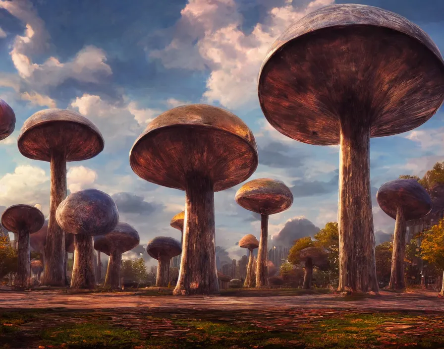 Prompt: giant metal mushrooms in new york, beautiful graphics, fantasy artwork, very beautiful scenery, hd, hdr, ue 5, ue 6, unreal engine 5, cinematic 4 k wallpaper, 8 k, ultra detailed