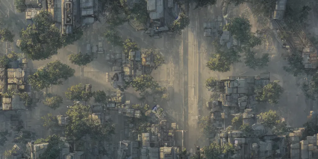 Image similar to a painting of a cinematic keyframe of a post apocalyptic city covered by nature roads seen from above rendered by studio ghibli, cenital shot, by greg rutkowski, rule of thirds, golden ratio, ambient lighting, wlop, artgerm, artstation, highly detailed masterpiece, dark fantasy art, high detail, trending on artstation