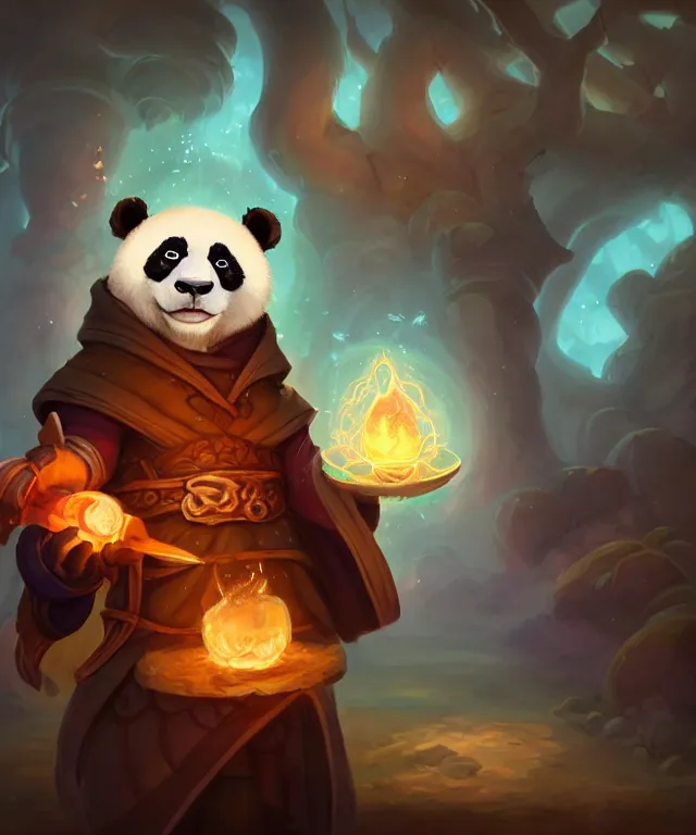 Image similar to a portrait an anthropomorphic panda mage casting a spell, wearing mage robes, landscape in background, cute, dnd character art portrait, world of warcraft style, by peter mohrbacher, cinematic lighting